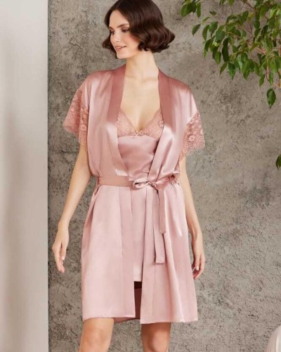 Pierre Cardin Saten Dantelli Gecelik Sabahlık Takım 4438 brndy