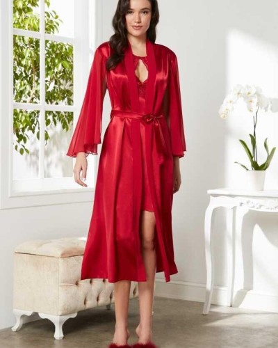 Pierre Cardin Saten Dantelli Gecelik ve Sabahlık Takımı 4375 Kırmızı Pierre Cardin Saten Dantelli Gecelik ve Sabahlık Takımı 4375 Kırmızı