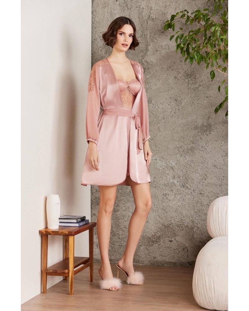 Pierre Cardin Saten Gecelik Sabahlık Pijama Şort 6'lı Gelin Çeyiz Seti brandy 6005