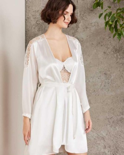 Pierre Cardin Saten Gecelik Sabahlık Pijama Şort 6'lı Gelin Çeyiz Seti Ekru 6005