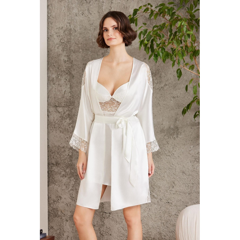 Pierre Cardin Saten Gecelik Sabahlık Pijama Şort 6'lı Gelin Takım 6000 Ekru