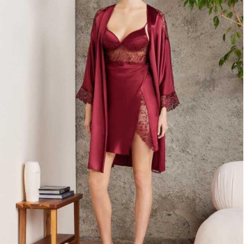 Pierre Cardin Saten Gecelik Sabahlık Pijama Şort Takım 6'lı Gelin Seti 6000 BORDO