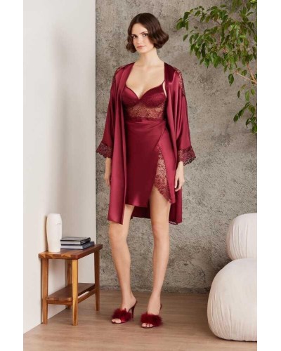 Pierre Cardin Saten Gecelik Sabahlık Pijama Şort Takım 6'lı Gelin Seti 6000 BORDO
