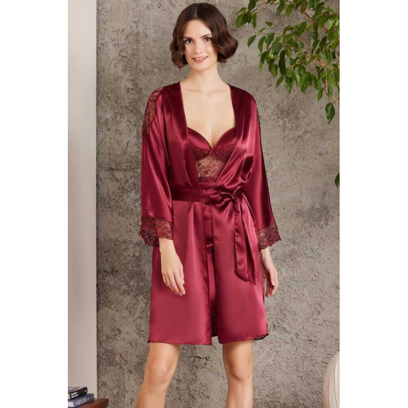 Pierre Cardin Saten Gecelik Sabahlık Pijama Şort Takım 6'lı Gelin Seti 6000 BORDO