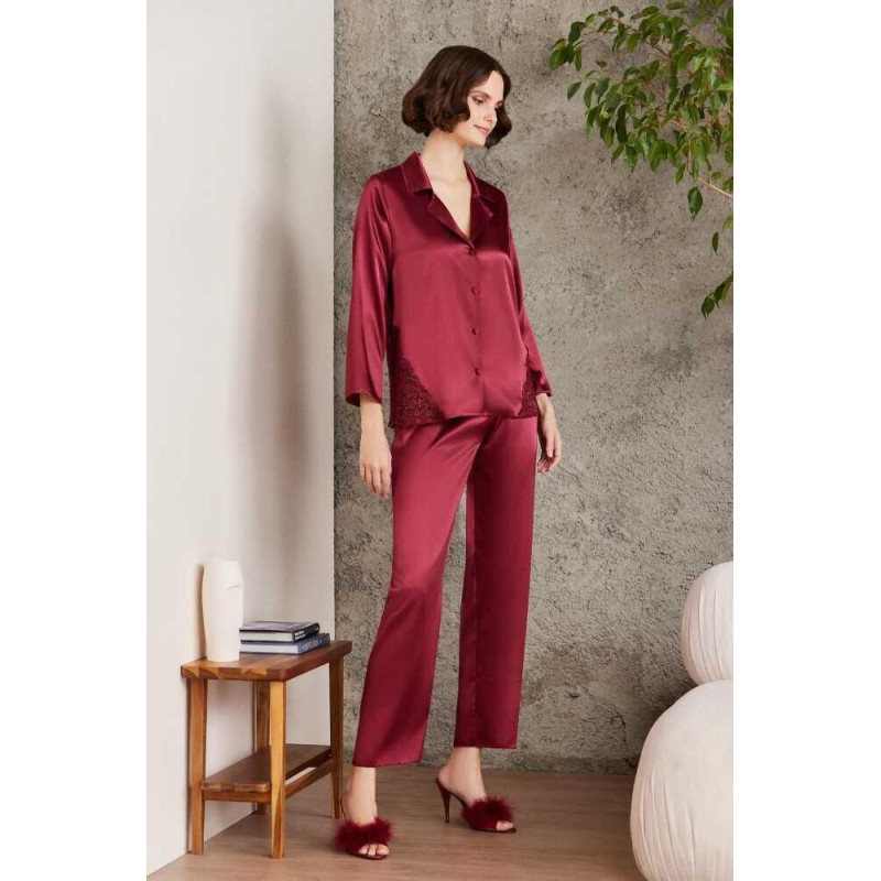 Pierre Cardin Saten Gecelik Sabahlık Pijama Şort Takım 6'lı Gelin Seti 6000 BORDO