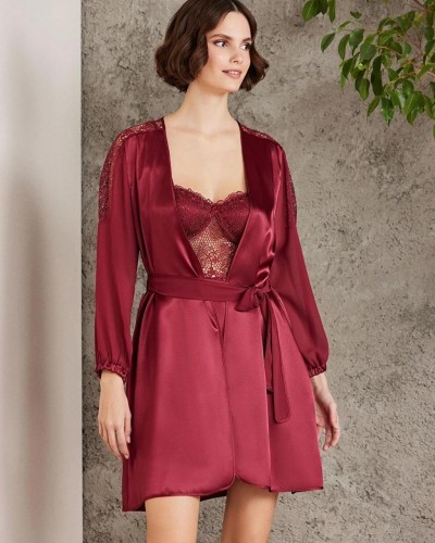 Pierre Cardin Saten Gecelik Sabahlık Pijama Şort 6'lı Gelin Çeyiz Seti Bordo 6005
