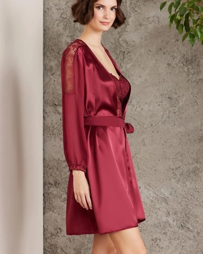 Pierre Cardin Saten Gecelik Sabahlık Pijama Şort 6'lı Gelin Çeyiz Seti Bordo 6005