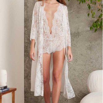 Pierre Cardin Şifon Ekru Dantelli Tulum ve Sabahlık Takımı 4810 