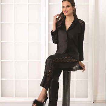 Pierre Cardin Siyah Kadın Sırtı Dantel Saten Pijama Takımı 1438