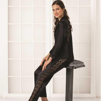 Pierre Cardin Siyah Kadın Sırtı Dantel Saten Pijama Takımı 1438