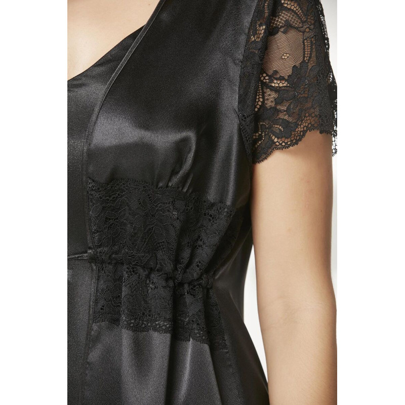 Pierre Cardin Siyah Saten Dantelli 3'lü Kadın Sabahlık-Şort Takım 2480