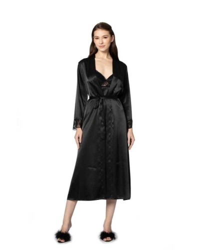 Pierre Cardin Siyah Uzun Saten Sabahlık Gecelik Set 4370