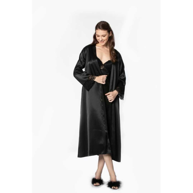 Pierre Cardin Siyah Uzun Saten Sabahlık Gecelik Set 4370