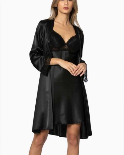 Pierre Cardin Sütyen Kaplı Siyah Sabahlık Gecelik Set 4285