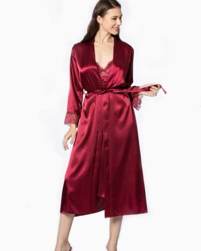Pierre Cardin Bordo Uzun Saten Sabahlık Gecelik Set 4370
