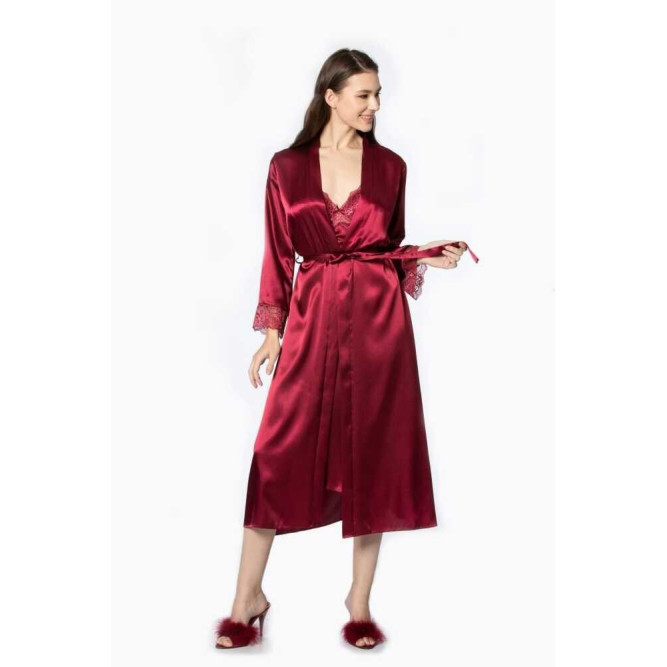 Pierre Cardin Bordo Uzun Saten Sabahlık Gecelik Set 4370