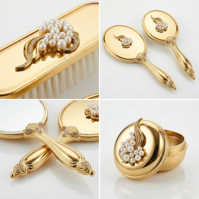 Saraylı İnci Salkımı Gold Ayna Fırça Seti 4'lü - Lüks Taşlı Gelin Bohçası Çeyiz Takımı