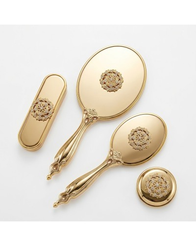 Saraylı Çelenk Modeli Gold Ayna Fırça Seti 4'lü - Lüks Taşlı Gelin Bohçası Takımı