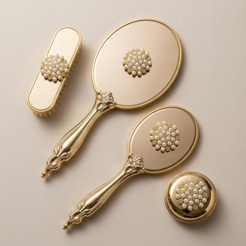 Saraylı İnci Çelenk Gold Ayna Fırça Seti 4'lü - Lüks Çeyizlik Tuvalet Masası Aksesuarı
