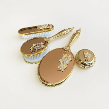 Saraylı İnci Çelenk Gold Ayna Fırça Seti 4'lü - Lüks Çeyizlik Tuvalet Masası Aksesuarı