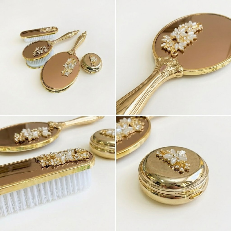 Saraylı İnci Çelenk Gold Ayna Fırça Seti 4'lü - Lüks Çeyizlik Tuvalet Masası Aksesuarı