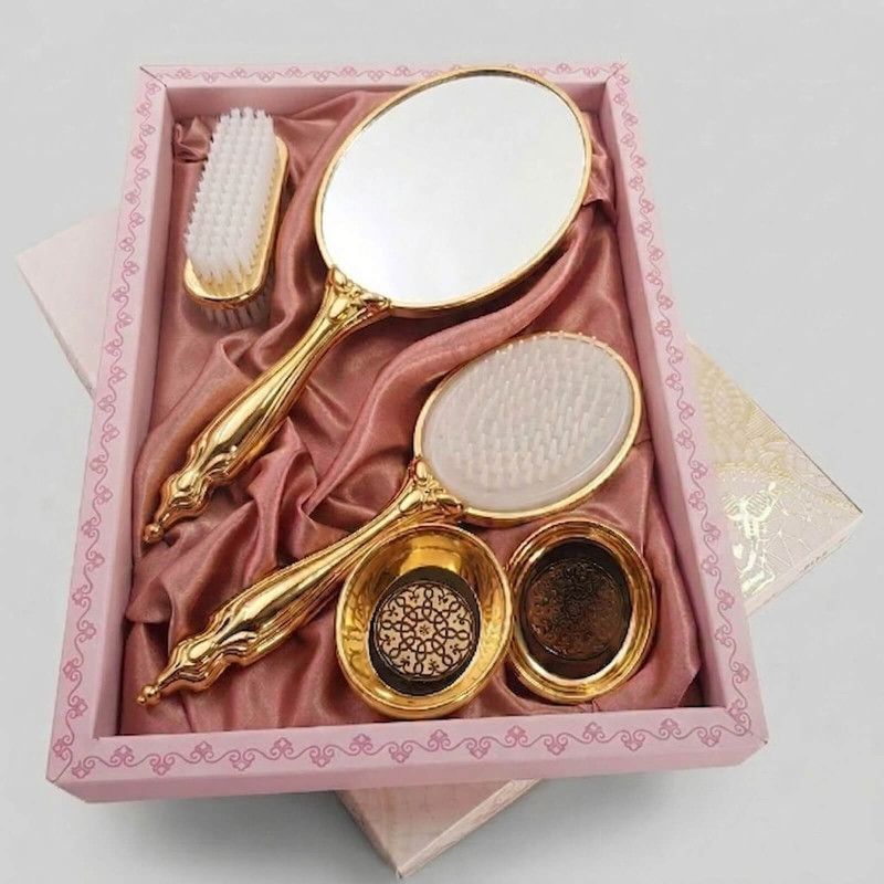 Saraylı Melek Serisi Gold Kelebekli Ayna Fırça Seti 4'lü - Lüks Taşlı Gelin Bohçası Takımı