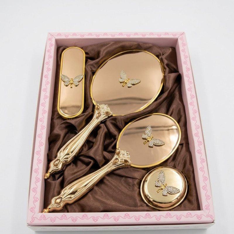 Saraylı Melek Serisi Gold Kelebekli Ayna Fırça Seti 4'lü - Lüks Taşlı Gelin Bohçası Takımı