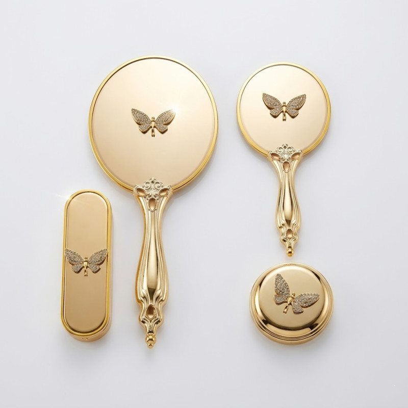 Saraylı Melek Serisi Gold Kelebekli Ayna Fırça Seti 4'lü - Lüks Taşlı Gelin Bohçası Takımı