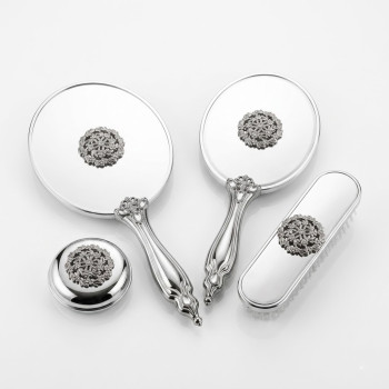 Silver Çelenk Serisi Ayna Fırça Seti 4'lü - Gümüş Kaplama Kristal Taş İşlemeli Lüks Gelin Çeyiz Takımı