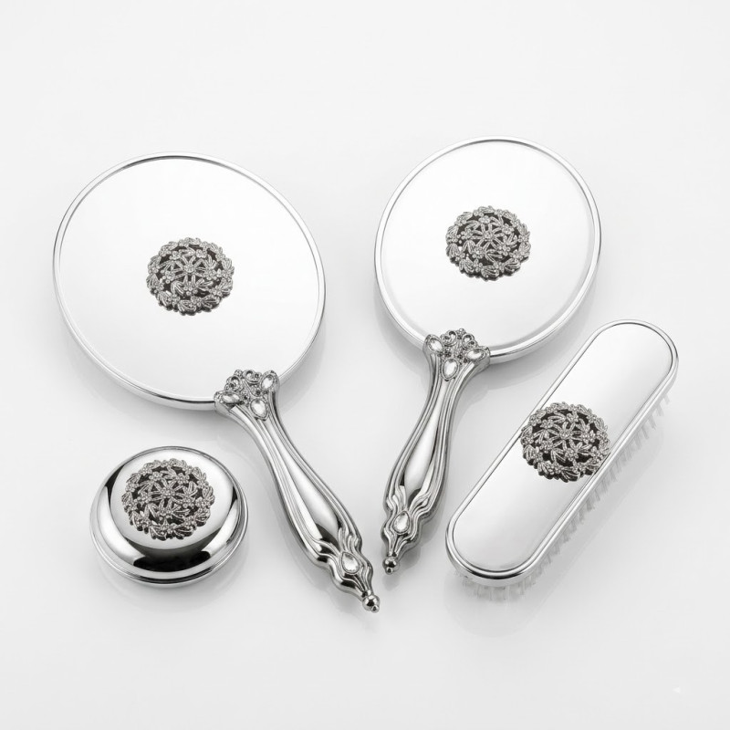 Silver Çelenk Serisi Ayna Fırça Seti 4'lü - Gümüş Kaplama Kristal Taş İşlemeli Lüks Gelin Çeyiz Takımı