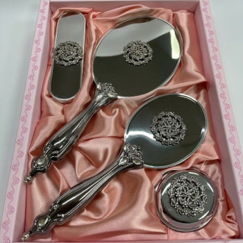 Silver Çelenk Serisi Ayna Fırça Seti 4'lü - Gümüş Kaplama Kristal Taş İşlemeli Lüks Gelin Çeyiz Takımı