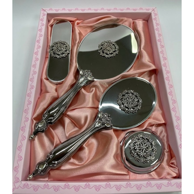 Silver Çelenk Serisi Ayna Fırça Seti 4'lü - Gümüş Kaplama Kristal Taş İşlemeli Lüks Gelin Çeyiz Takımı