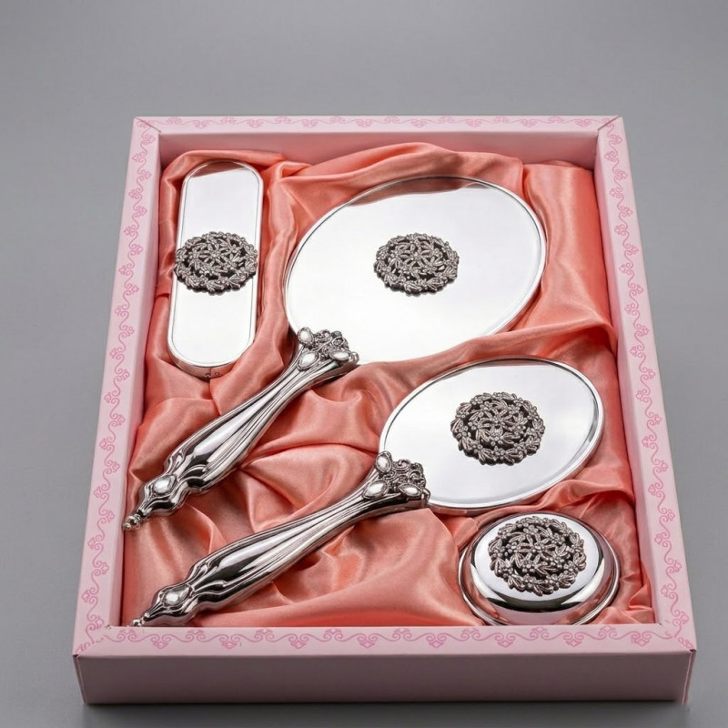 Silver Çelenk Serisi Ayna Fırça Seti 4'lü - Gümüş Kaplama Kristal Taş İşlemeli Lüks Gelin Çeyiz Takımı