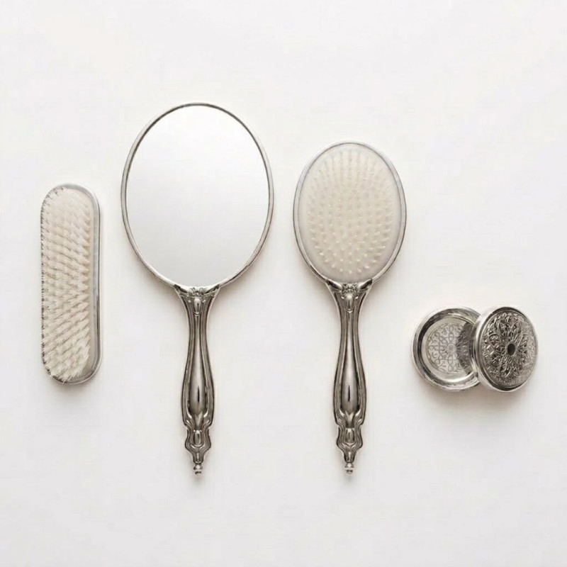 Silver Çelenk Serisi Ayna Fırça Seti 4'lü - Gümüş Kaplama Kristal Taş İşlemeli Lüks Gelin Çeyiz Takımı