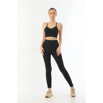 SİYAH MI Emay 3921 Soft Seamless Ripli Tayt Yoga Takımı