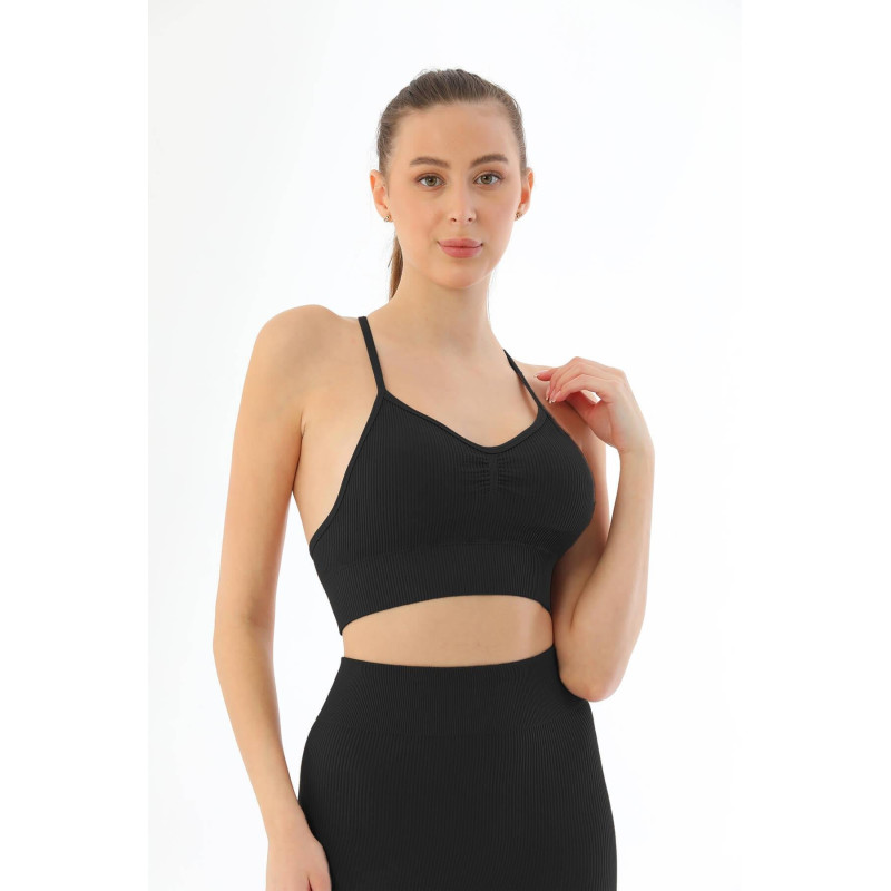 SİYAH MI Emay 3921 Soft Seamless Ripli Tayt Yoga Takımı