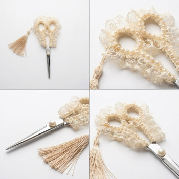 Taşlı Süslemeli Söz Nişan Düğün Makası Ekru