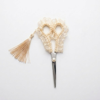 Taşlı Süslemeli Söz Nişan Düğün Makası Ekru