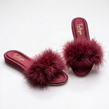 Tulips Bordo Topuksuz Kaz Tüyü Kadın Terlik 561 