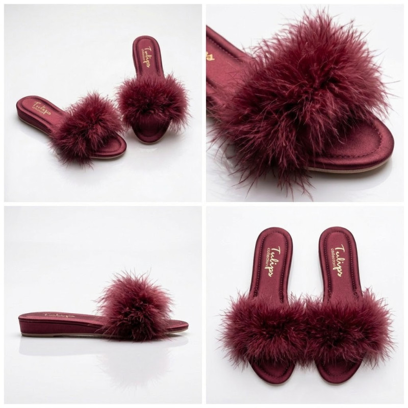 Tulips Bordo Topuksuz Kaz Tüyü Kadın Terlik 561 