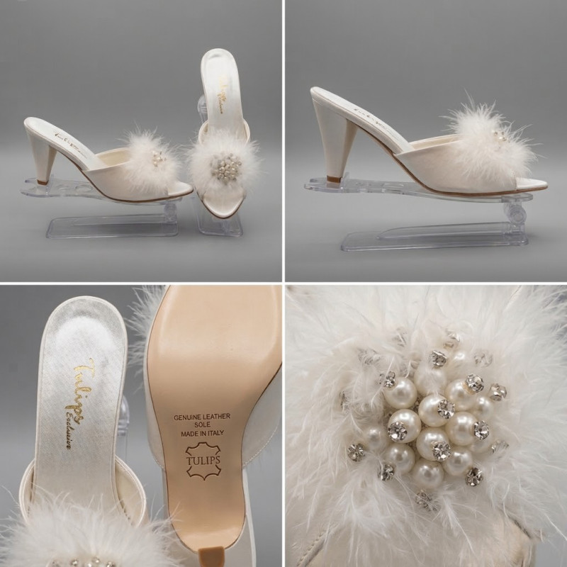 Tulips Topuklu Ekru Kaz Tüyü Kadın Terlik 