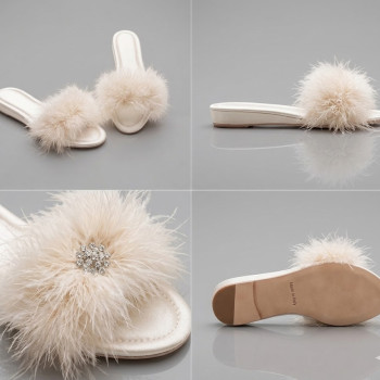 Tulips Ekru Topuksuz Kaz Tüyü Kadın Terlik 561 