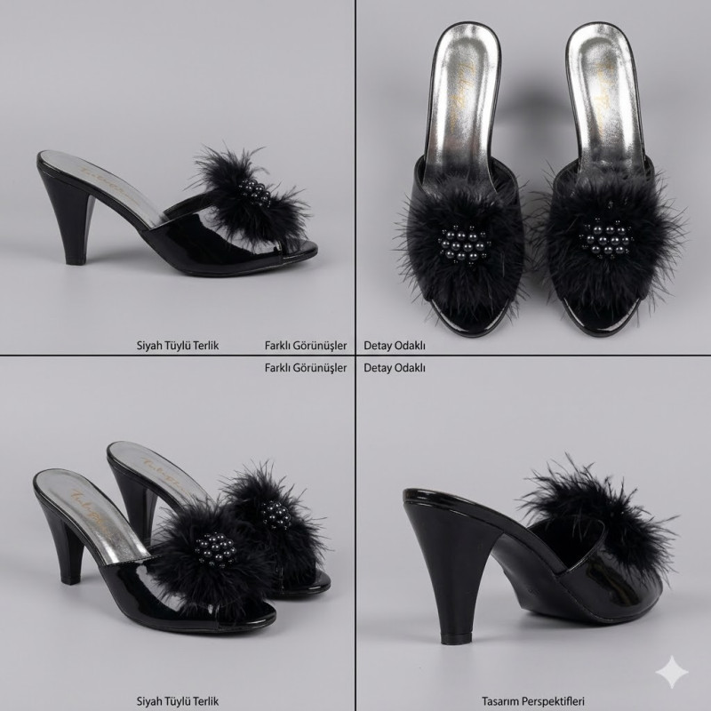 Tulips Siyah Kaz Tüyü Kadın Terlik 