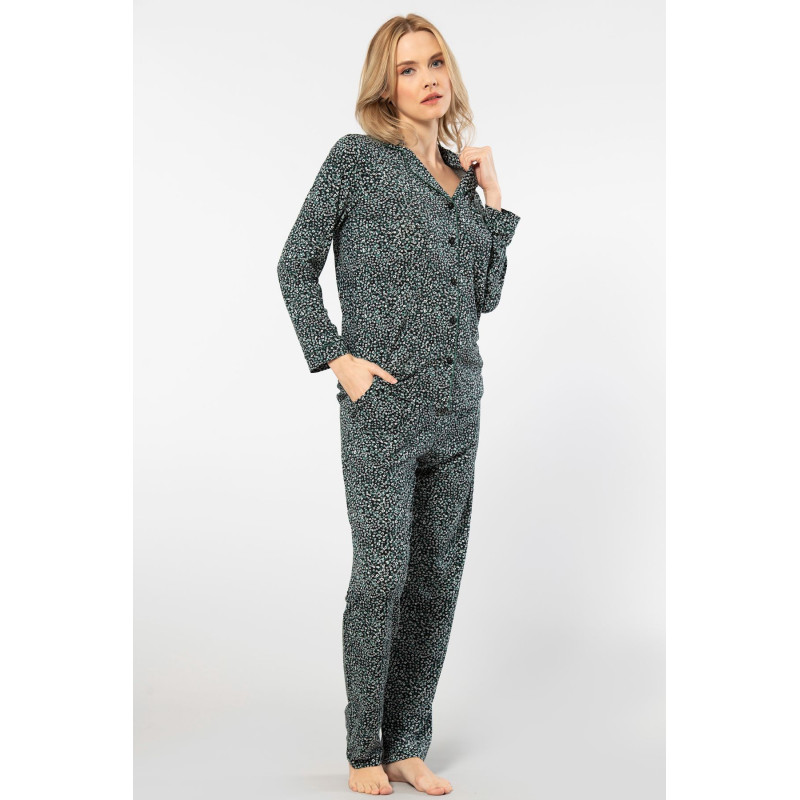 Türen Çiçek Desenli Uzun Kollu Gömlek Yaka Pijama Takimi 3379/Yeşil