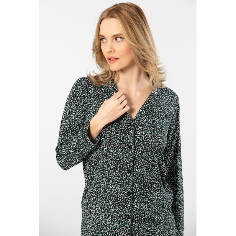 Türen Çiçek Desenli Uzun Kollu Gömlek Yaka Pijama Takimi 3379/Yeşil