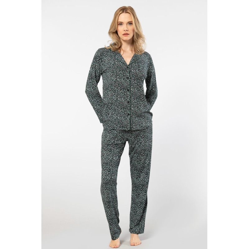 Türen Çiçek Desenli Uzun Kollu Gömlek Yaka Pijama Takimi 3379/Yeşil