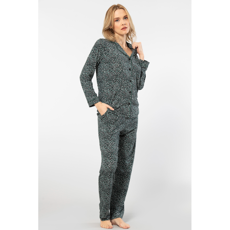 Türen Çiçek Desenli Uzun Kollu Gömlek Yaka Pijama Takimi 3379/Yeşil