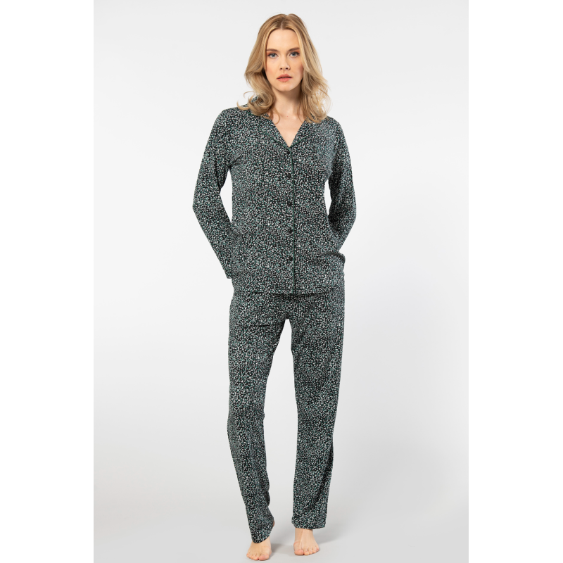 Türen Çiçek Desenli Uzun Kollu Gömlek Yaka Pijama Takimi 3379/Yeşil