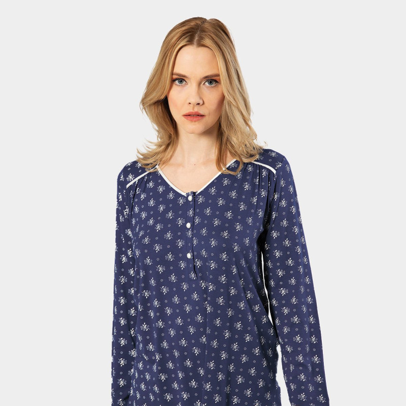 Türen Çiçek Desenli Uzun Kollu Patli Pijama Takimi 3382/Lacivert