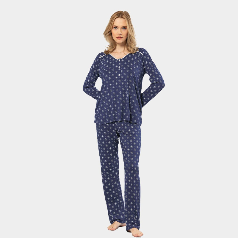 Türen Çiçek Desenli Uzun Kollu Patli Pijama Takimi 3382/Lacivert